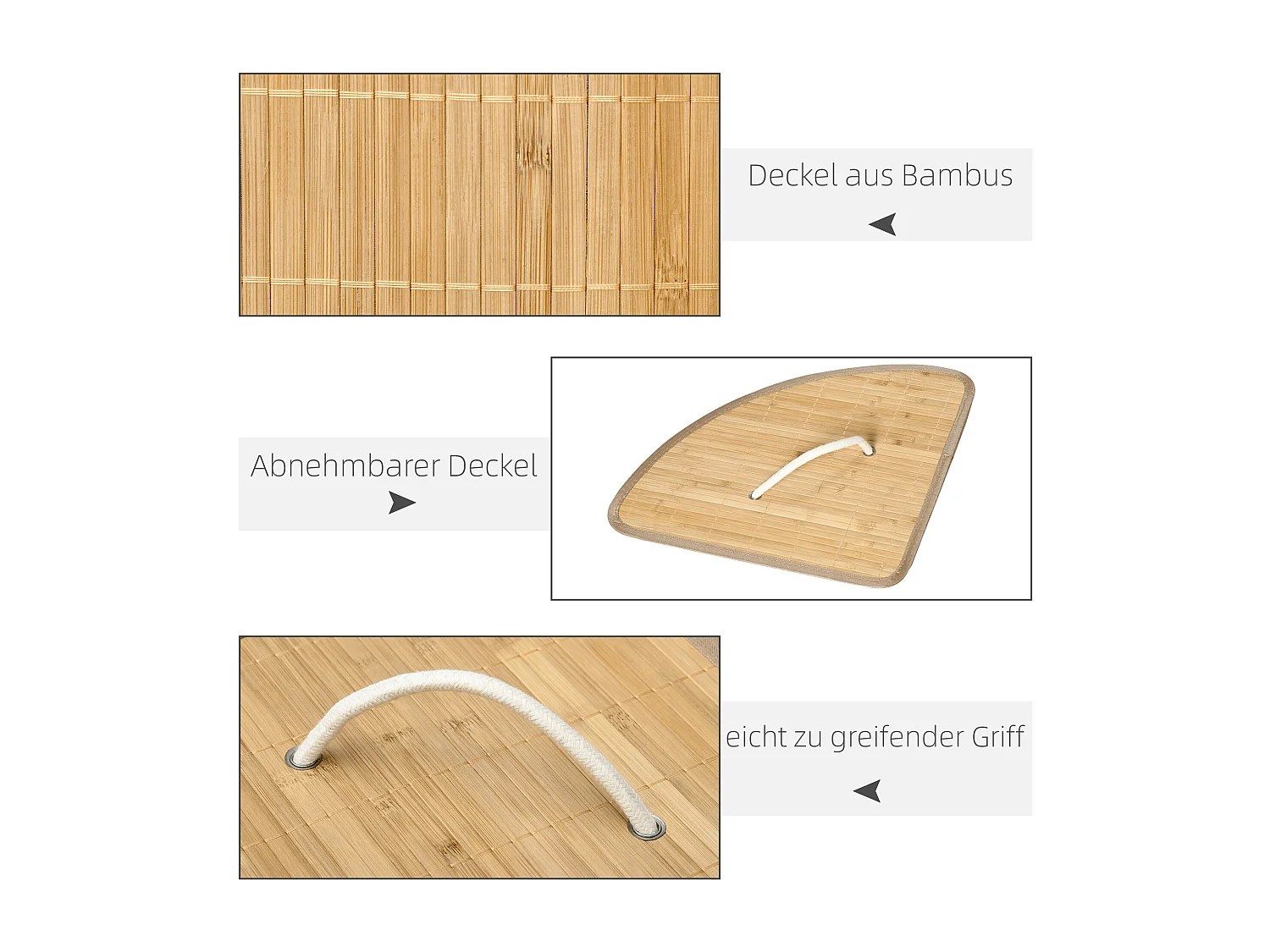 Panier à linge en bambou avec couvercle et sac amovible, bois naturel et blanc (38x38x57cm)