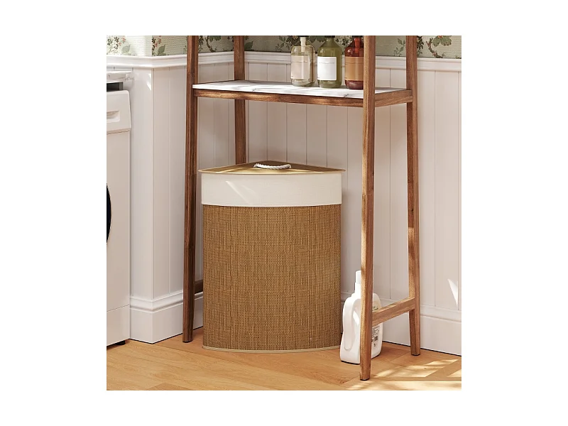 Panier à linge en bambou avec couvercle, 55L, design d'angle, avec sac amovible (35x35x60 cm)