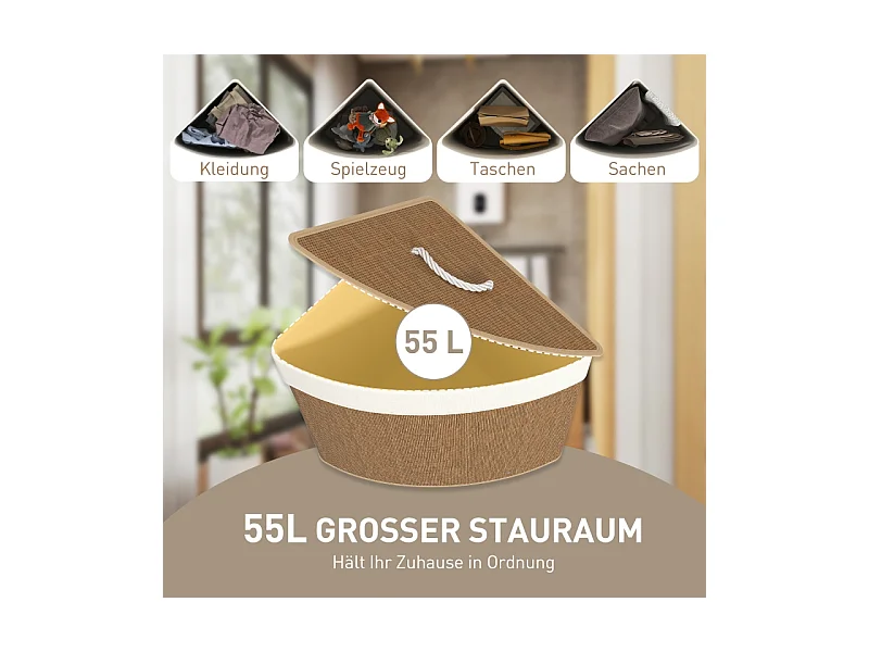 Panier à linge en bambou avec couvercle, 55L, design d'angle, avec sac amovible (35x35x60 cm)