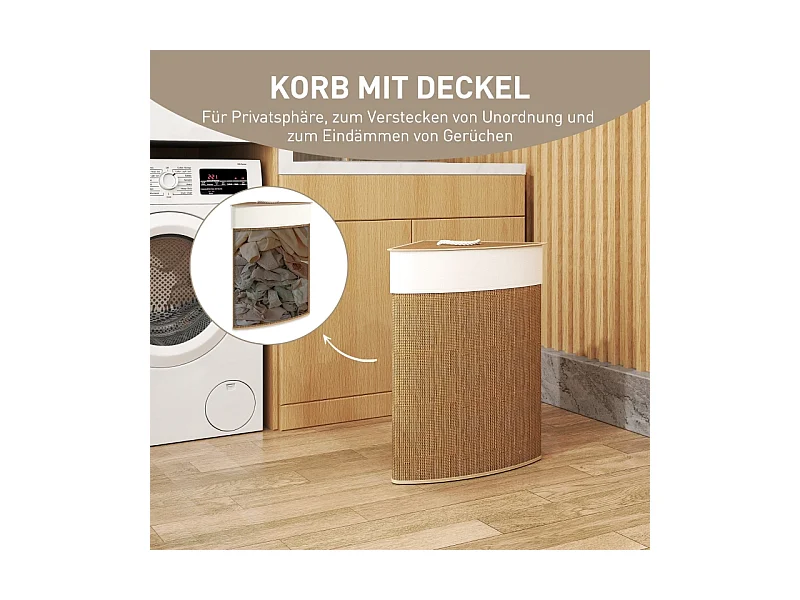 Panier à linge en bambou avec couvercle, 55L, design d'angle, avec sac amovible (35x35x60 cm)