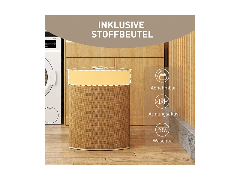 Panier à linge en bambou avec couvercle, 55L, design d'angle, avec sac amovible (35x35x60 cm)
