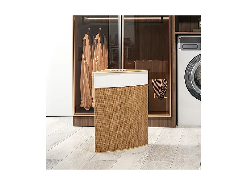 Panier à linge en bambou avec couvercle, 55L, design d'angle, avec sac amovible (35x35x60 cm)