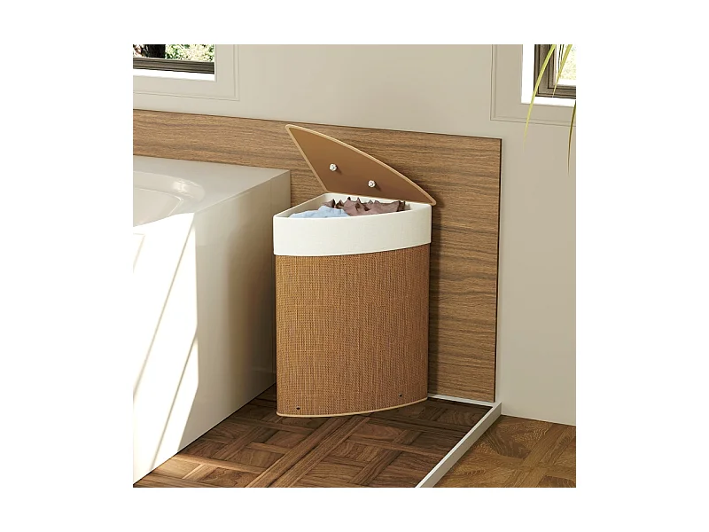 Panier à linge en bambou avec couvercle, 55L, design d'angle, avec sac amovible (35x35x60 cm)