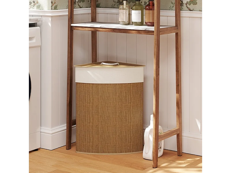 Panier à linge en bambou avec couvercle, 55L, design d'angle, avec sac amovible (35x35x60 cm)