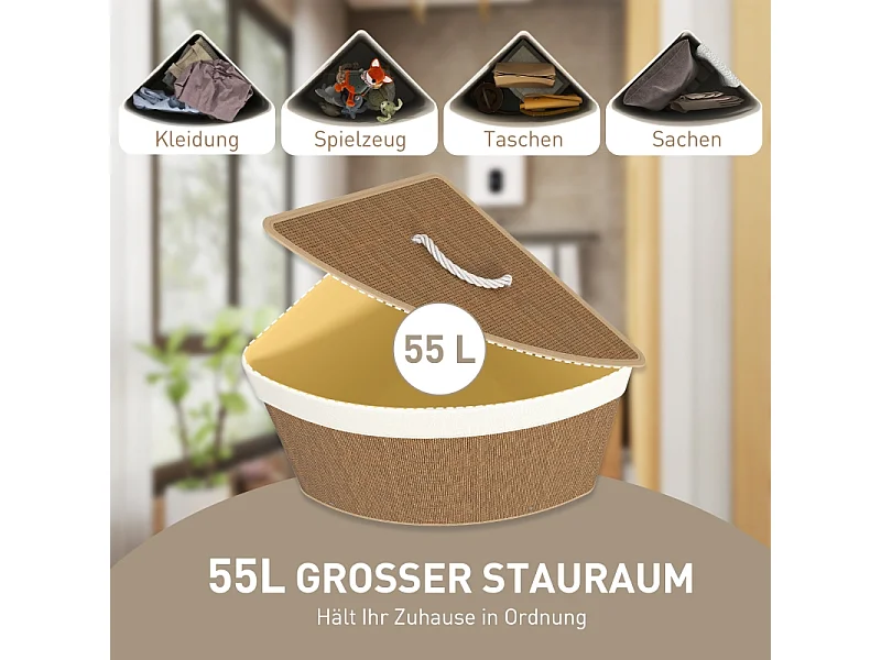 Panier à linge en bambou avec couvercle, 55L, design d'angle, avec sac amovible (35x35x60 cm)