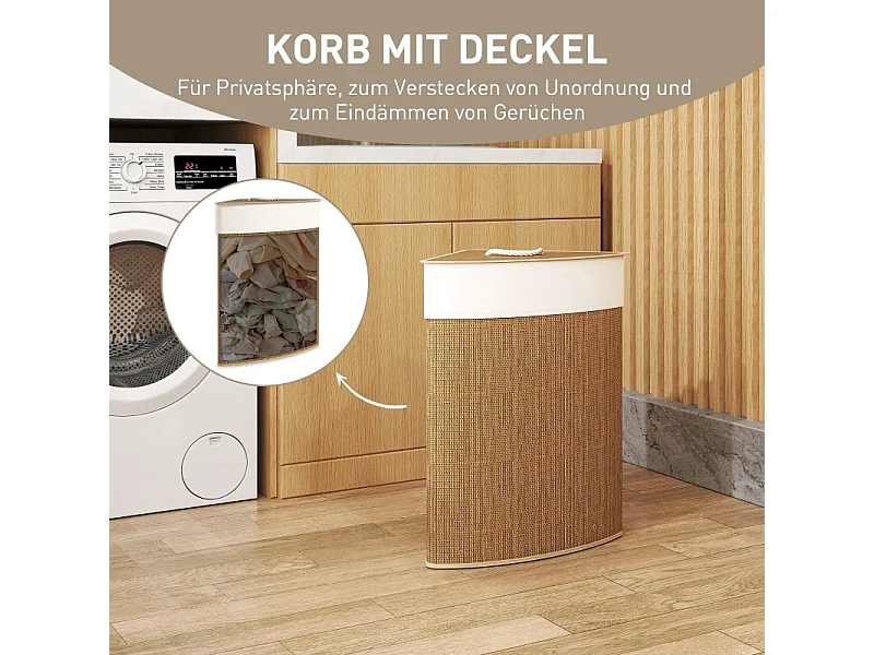 Panier à linge en bambou avec couvercle, 55L, design d'angle, avec sac amovible (35x35x60 cm)