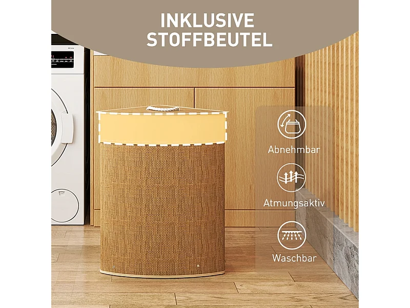 Panier à linge en bambou avec couvercle, 55L, design d'angle, avec sac amovible (35x35x60 cm)