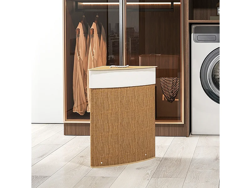 Panier à linge en bambou avec couvercle, 55L, design d'angle, avec sac amovible (35x35x60 cm)