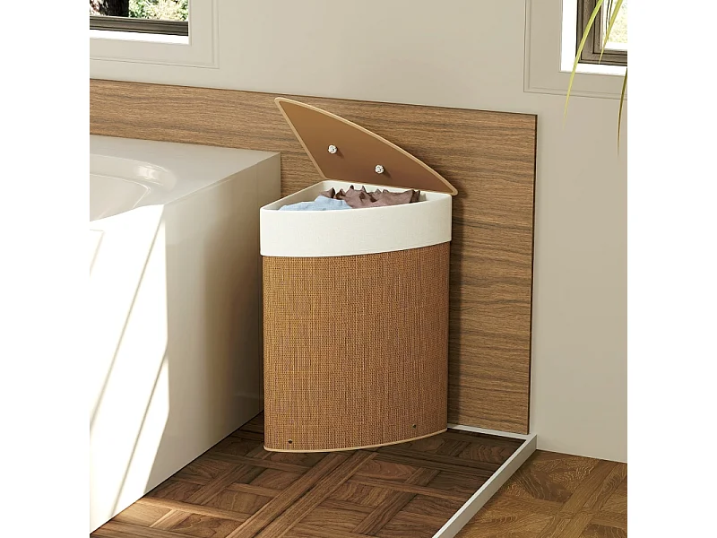 Panier à linge en bambou avec couvercle, 55L, design d'angle, avec sac amovible (35x35x60 cm)