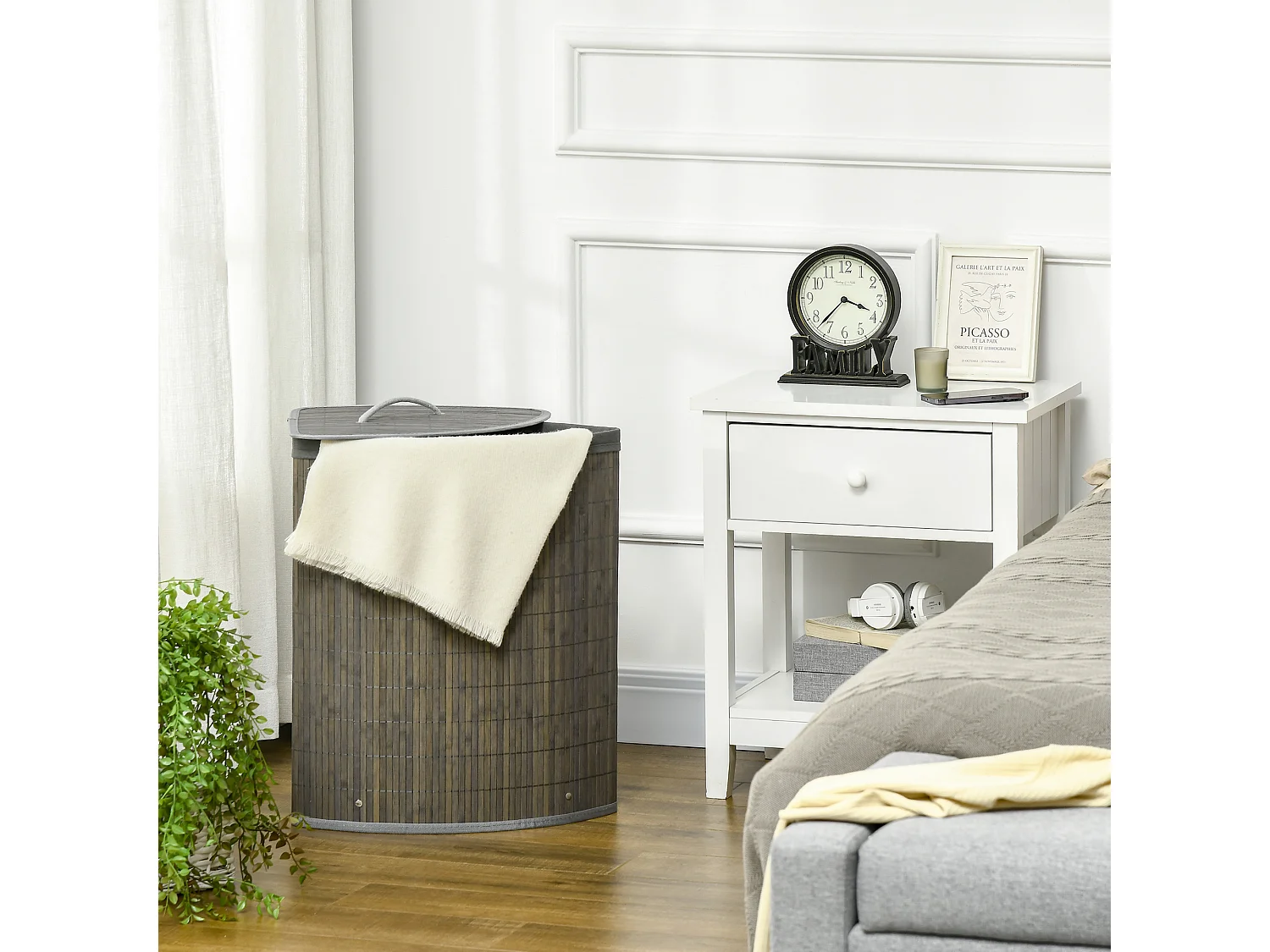 Panier à linge en bambou avec couvercle et sac amovible, 55L, gris (38x38x57 cm)