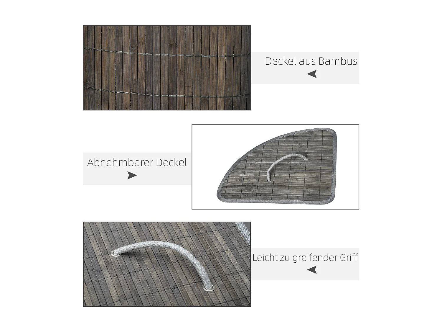 Panier à linge en bambou avec couvercle et sac amovible, 55L, gris (38x38x57 cm)