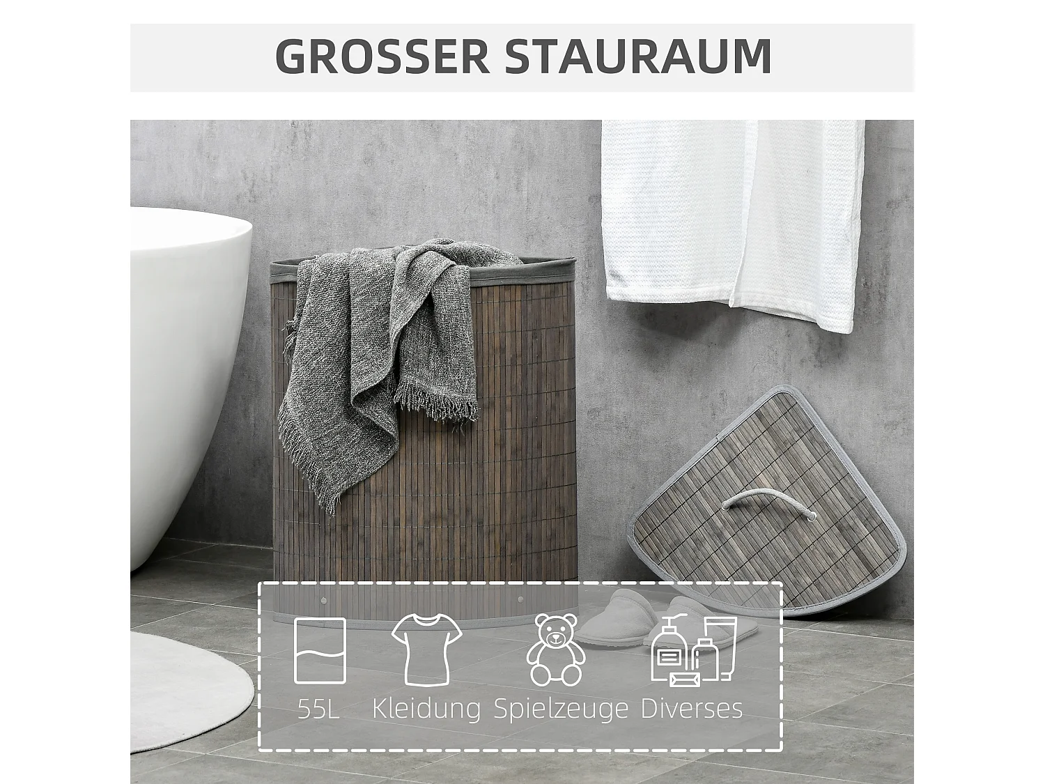 Panier à linge en bambou avec couvercle et sac amovible, 55L, gris (38x38x57 cm)