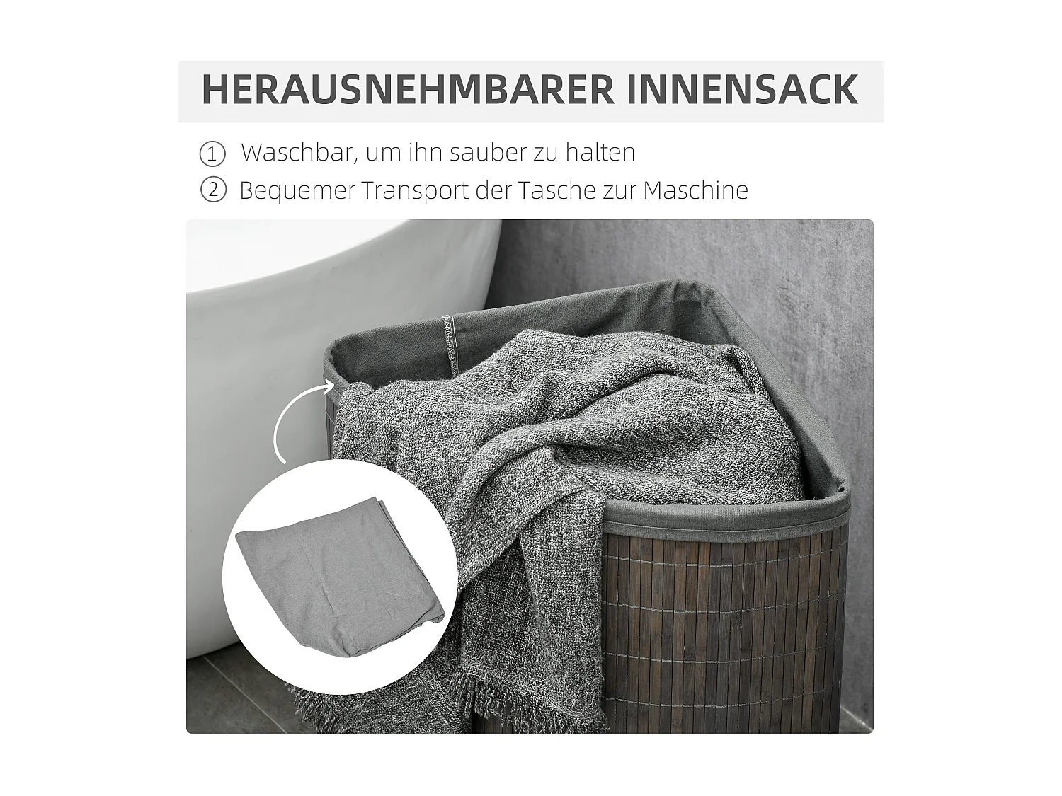 Panier à linge en bambou avec couvercle et sac amovible, 55L, gris (38x38x57 cm)
