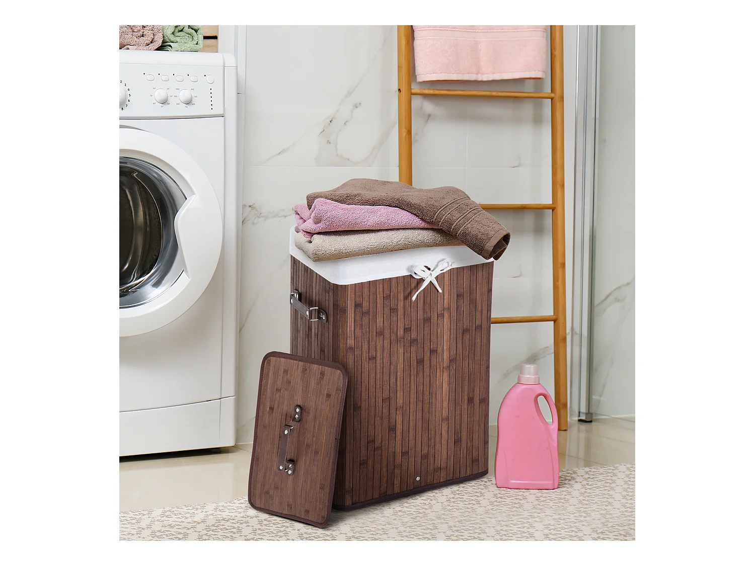 Wasmand met deksel en 72 liter inhoud, bamboe en stof, bruin (40x30x60 cm)