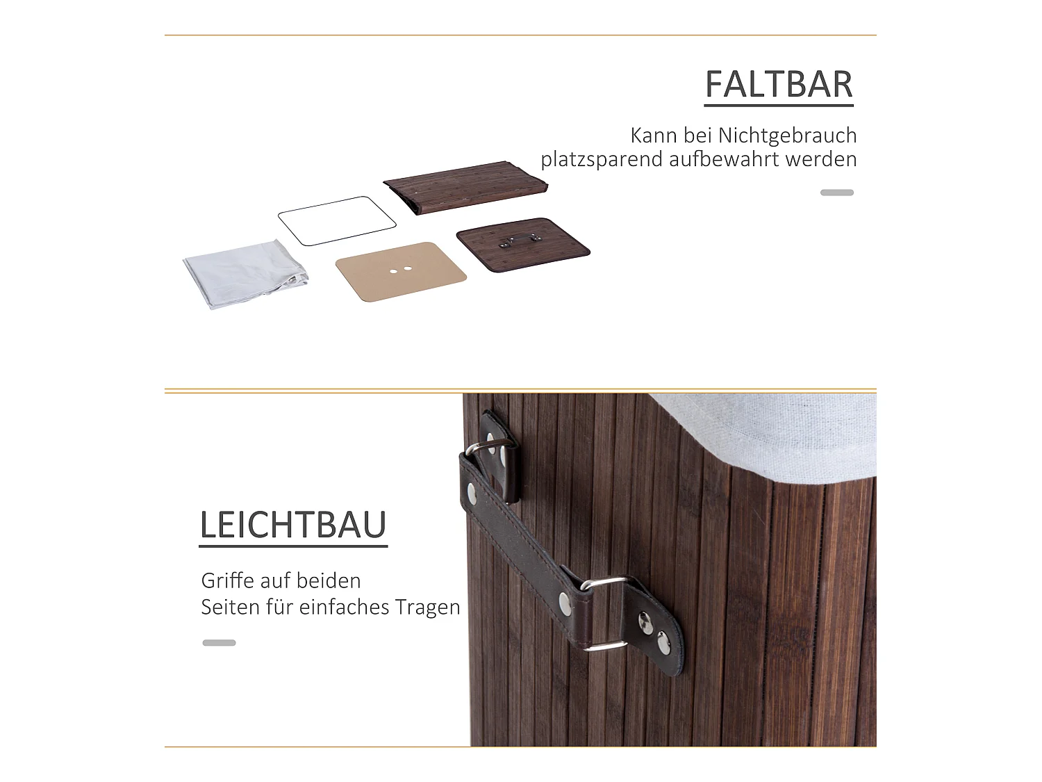 Wasmand met deksel en 72 liter inhoud, bamboe en stof, bruin (40x30x60 cm)