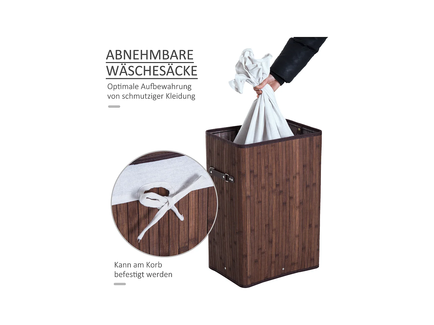 Wasmand met deksel en 72 liter inhoud, bamboe en stof, bruin (40x30x60 cm)