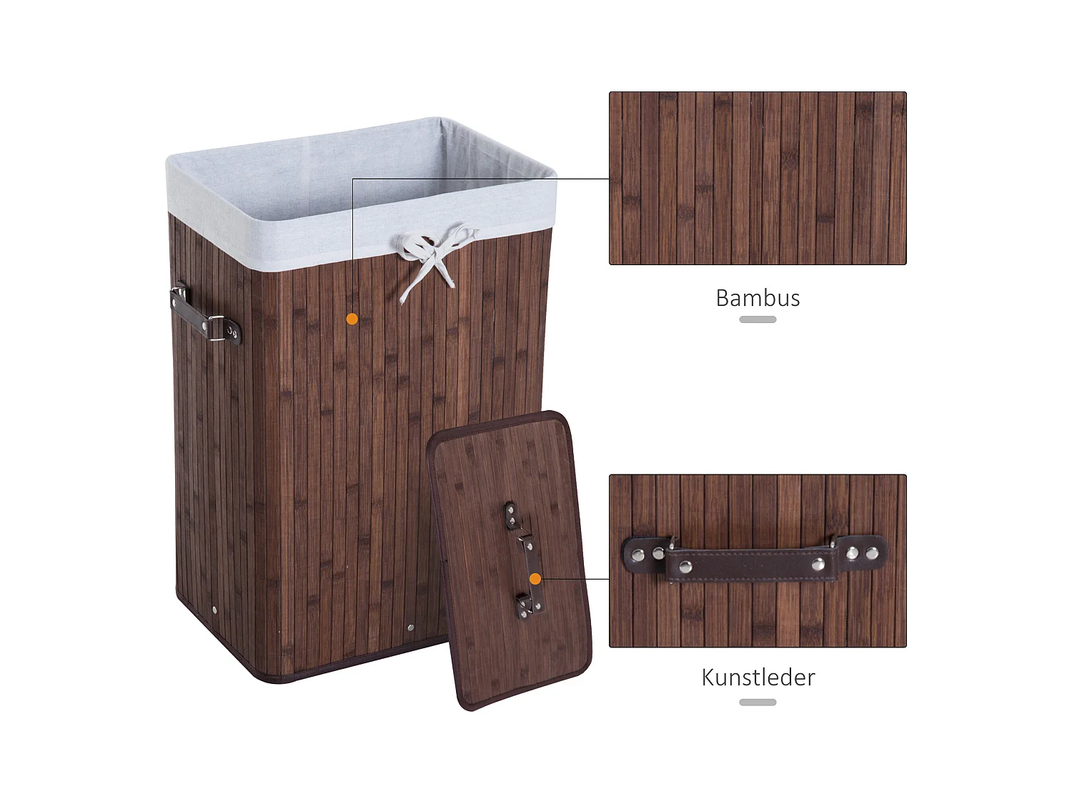 Wasmand met deksel en 72 liter inhoud, bamboe en stof, bruin (40x30x60 cm)