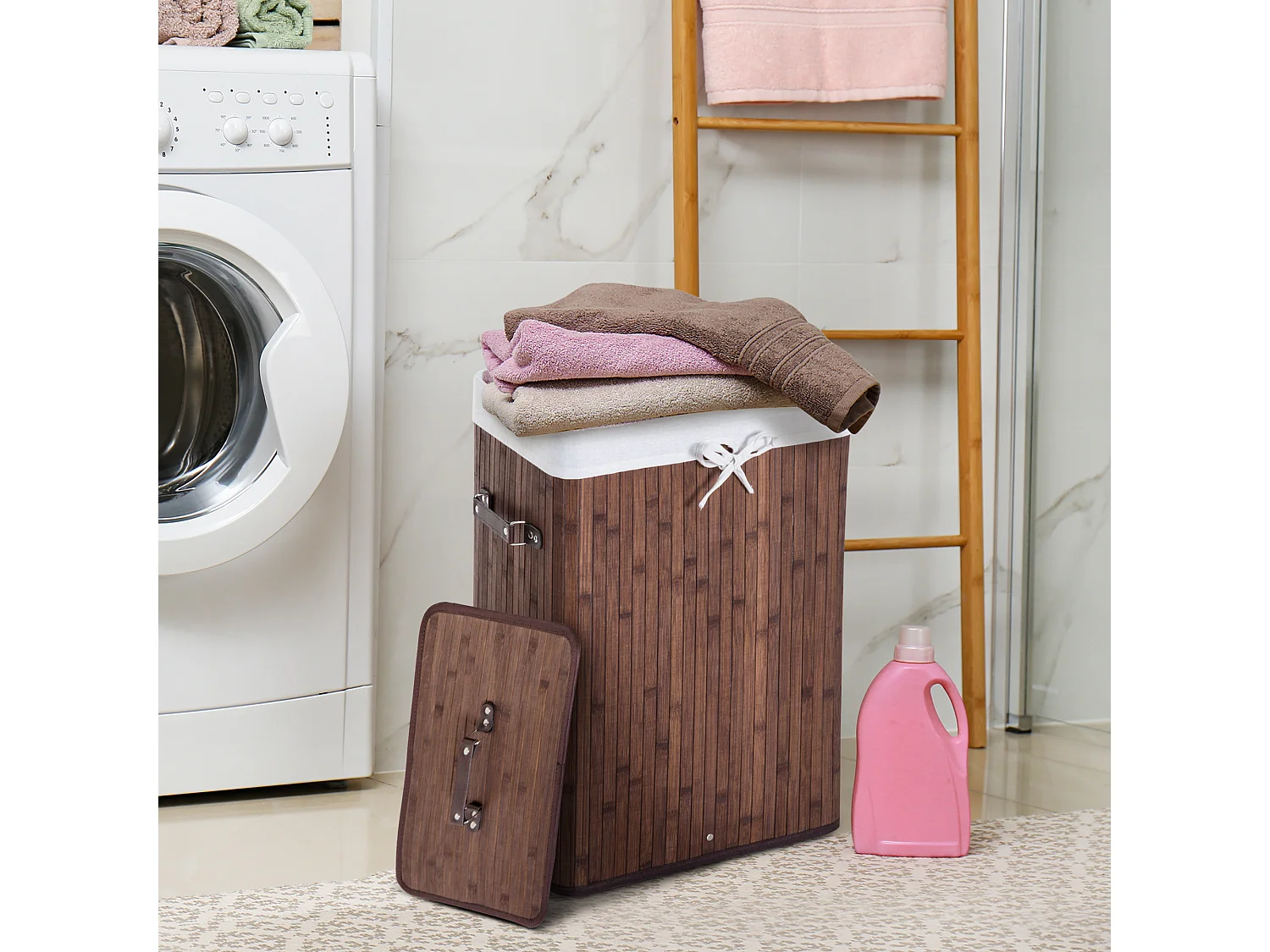 Panier à Linge avec Couvercle et 72L de Capacité, Bambou et Tissu, Marron (40x30x60 cm)
