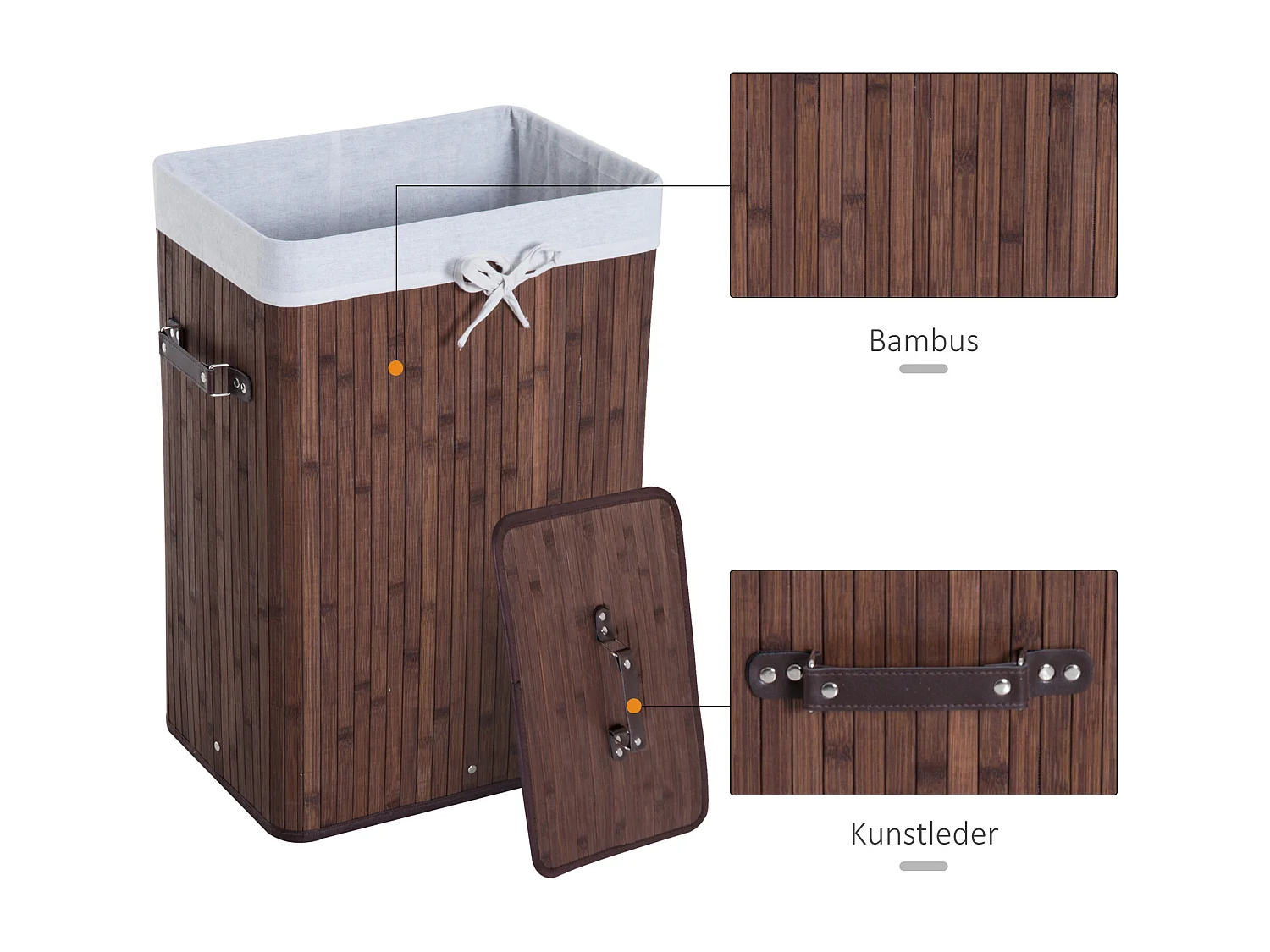 Panier à Linge avec Couvercle et 72L de Capacité, Bambou et Tissu, Marron (40x30x60 cm)