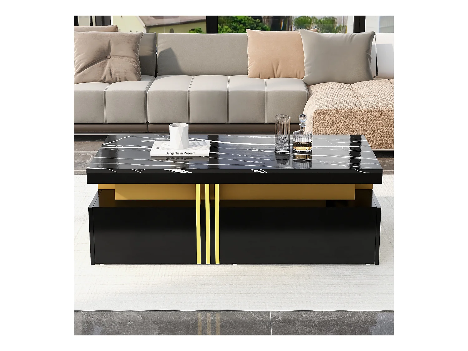 Table basse moderne avec plateau laqué brillant, 2 tiroirs en bois, plateau marbré, panneaux MDF noir (100x50x40cm)