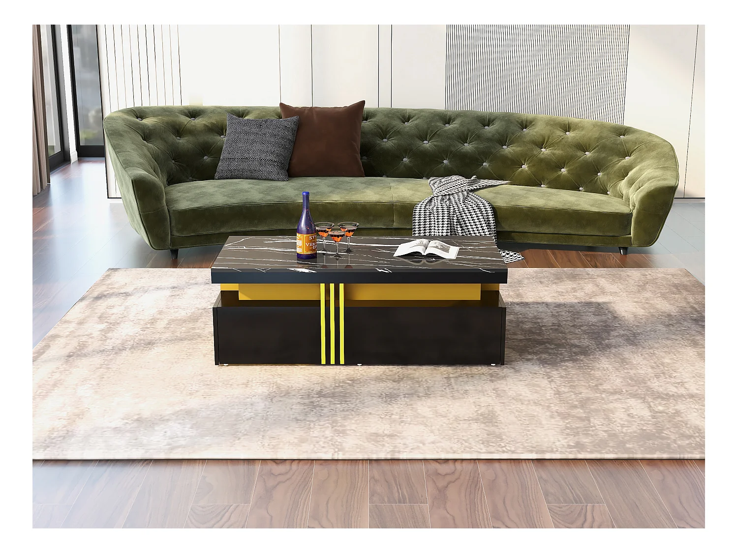 Table basse moderne avec plateau laqué brillant, 2 tiroirs en bois, plateau marbré, panneaux MDF noir (100x50x40cm)