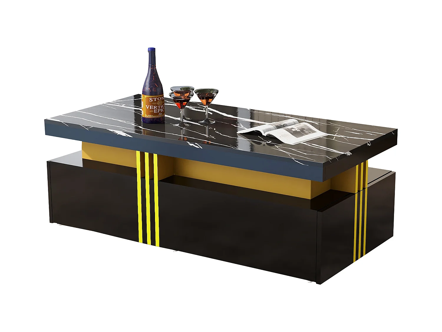 Table basse moderne avec plateau laqué brillant, 2 tiroirs en bois, plateau marbré, panneaux MDF noir (100x50x40cm)