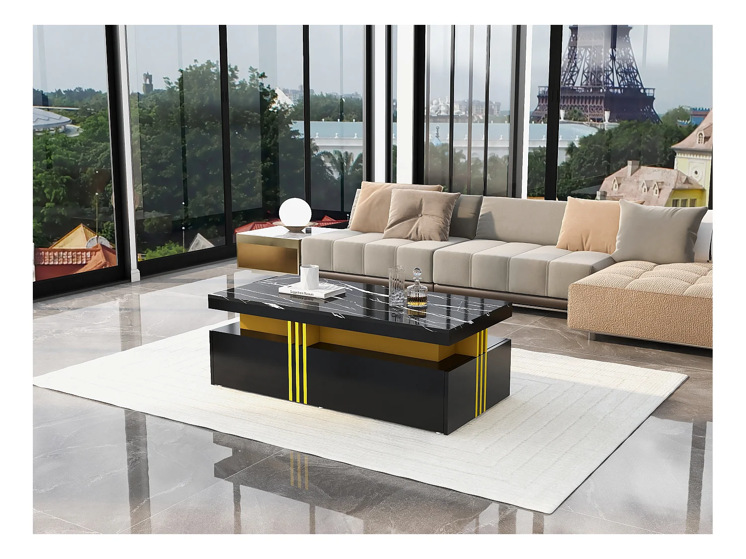 Table basse moderne avec plateau laqué brillant, 2 tiroirs en bois, plateau marbré, panneaux MDF noir (100x50x40cm)