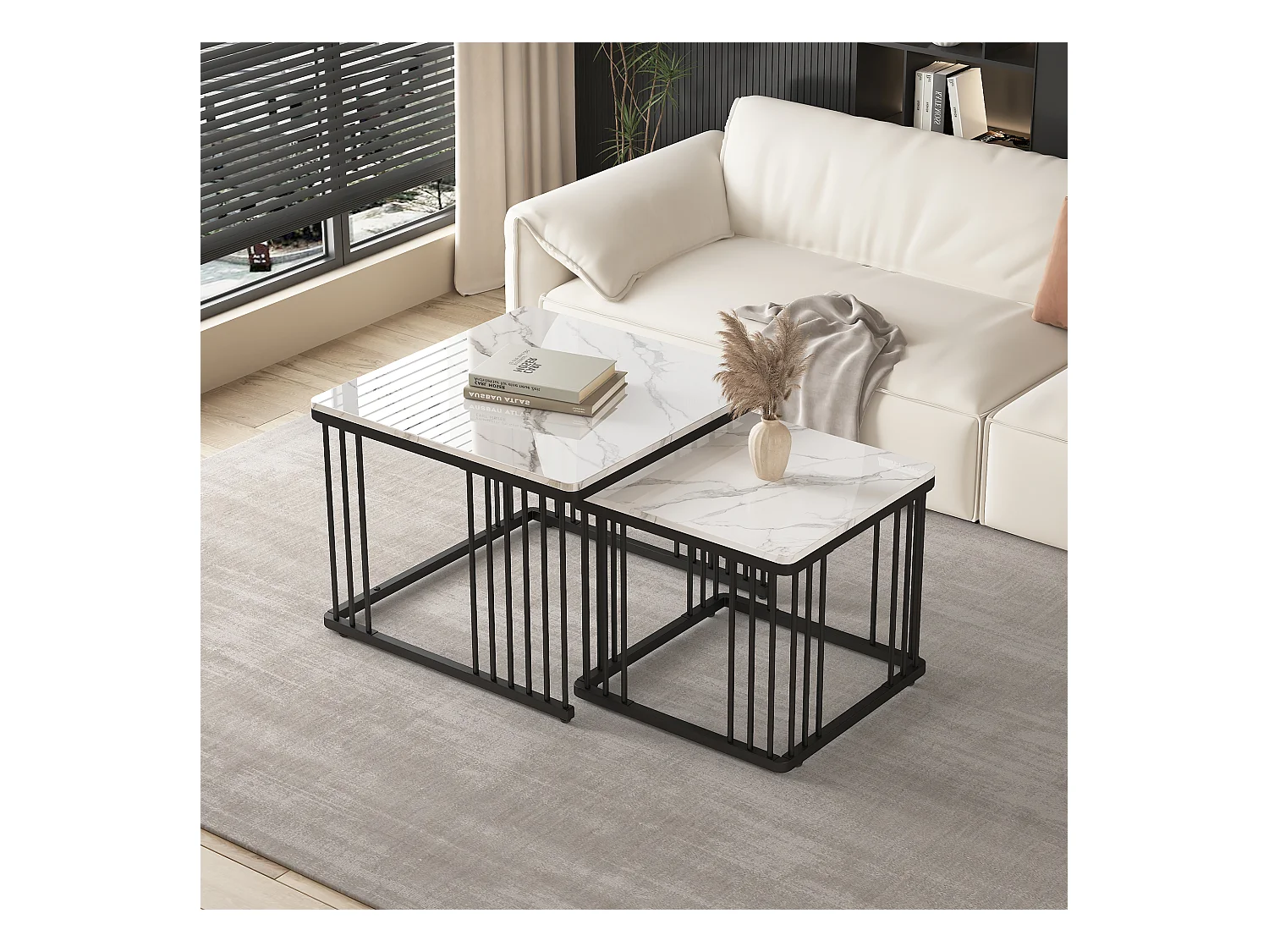 Set de 2 tables basses carrées, finition marbre brillant, pieds réglables, MDF, blanc (60x60x45cm & 45x45x40cm)