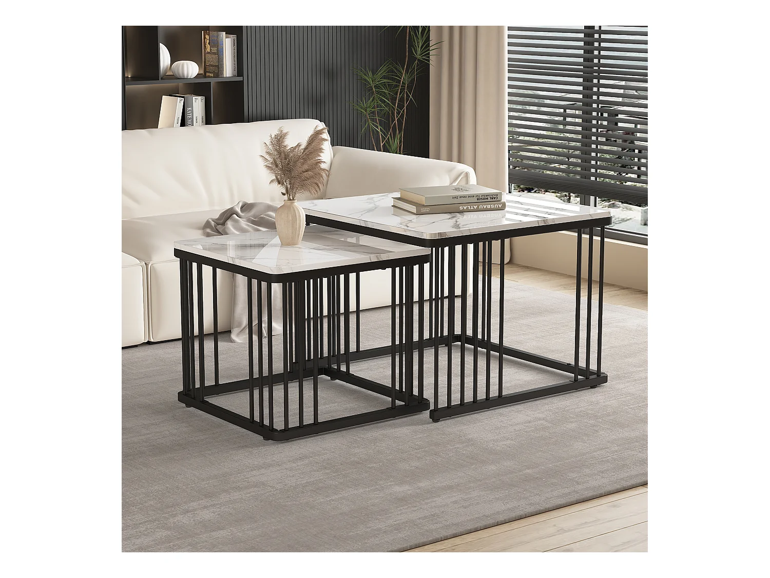 Set de 2 tables basses carrées, finition marbre brillant, pieds réglables, MDF, blanc (60x60x45cm & 45x45x40cm)