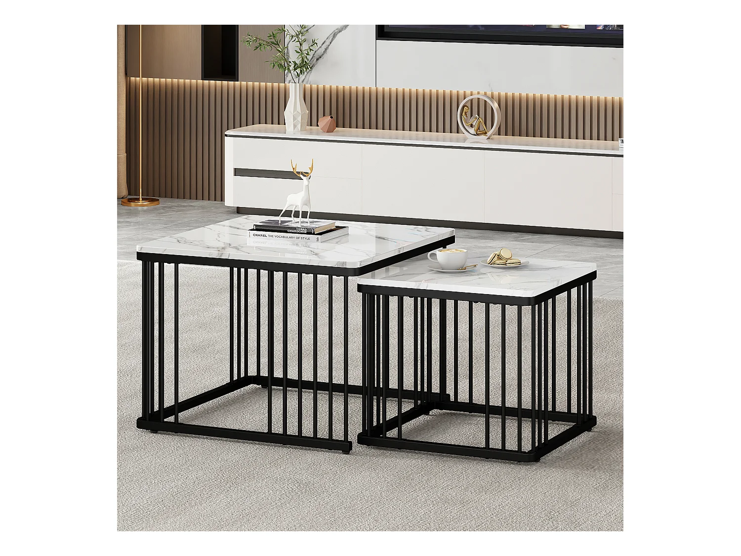 Set de 2 tables basses carrées, finition marbre brillant, pieds réglables, MDF, blanc (60x60x45cm & 45x45x40cm)