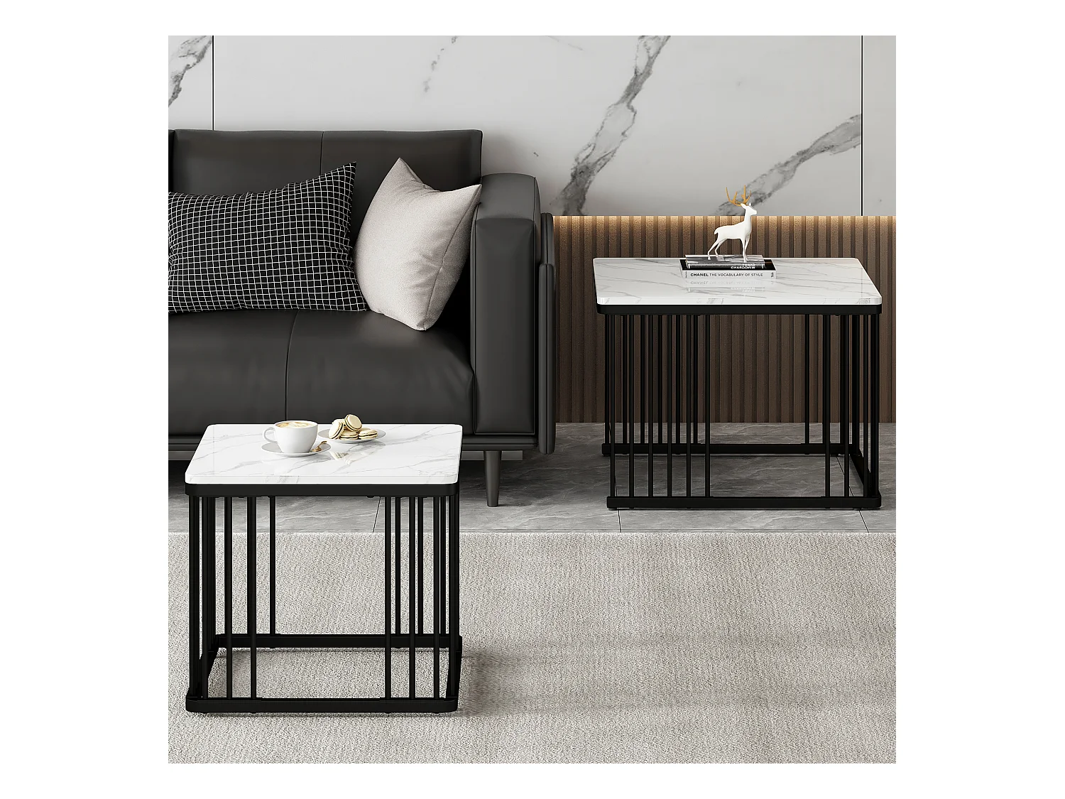 Set de 2 tables basses carrées, finition marbre brillant, pieds réglables, MDF, blanc (60x60x45cm & 45x45x40cm)