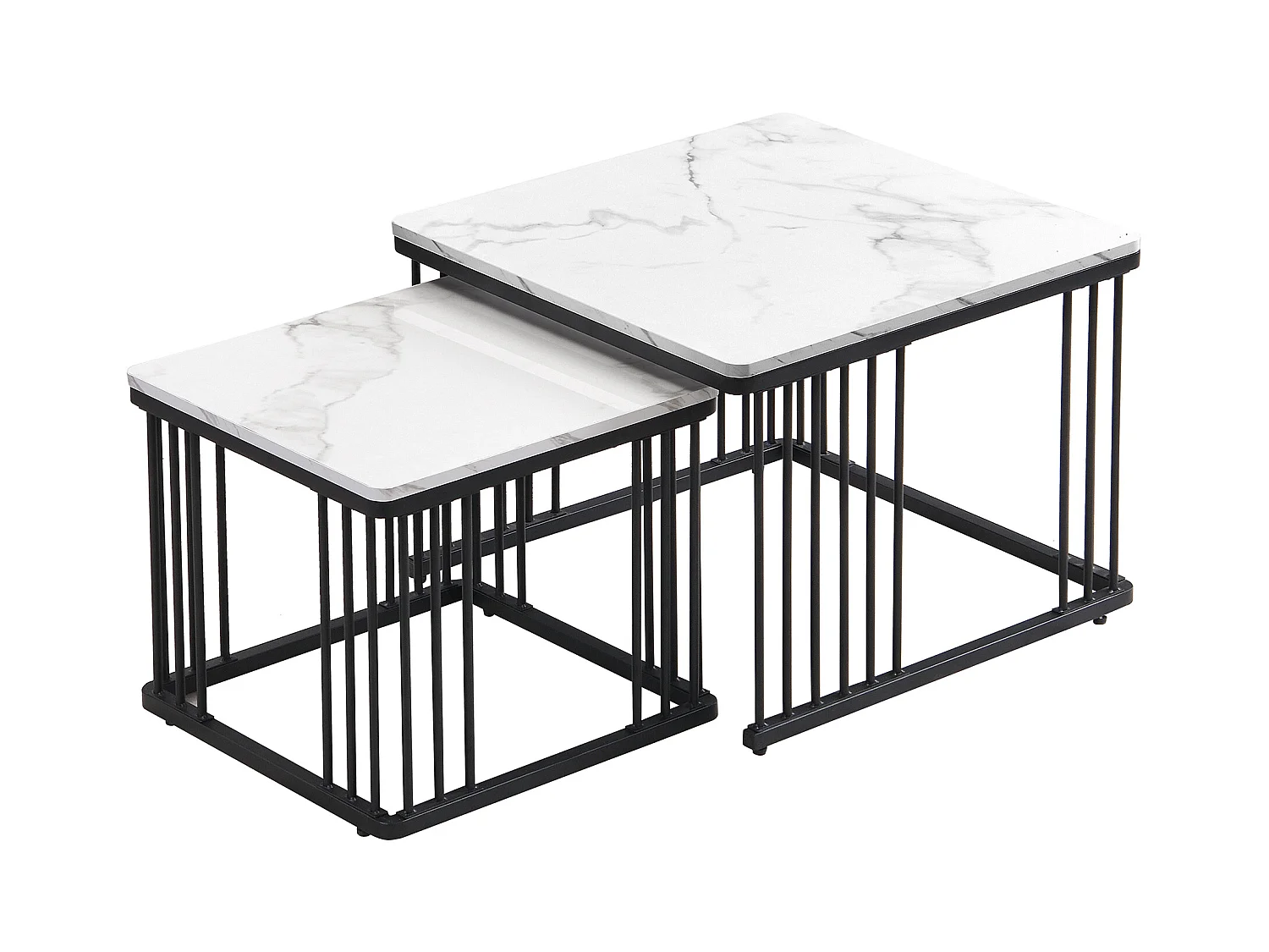 Set de 2 tables basses carrées, finition marbre brillant, pieds réglables, MDF, blanc (60x60x45cm & 45x45x40cm)