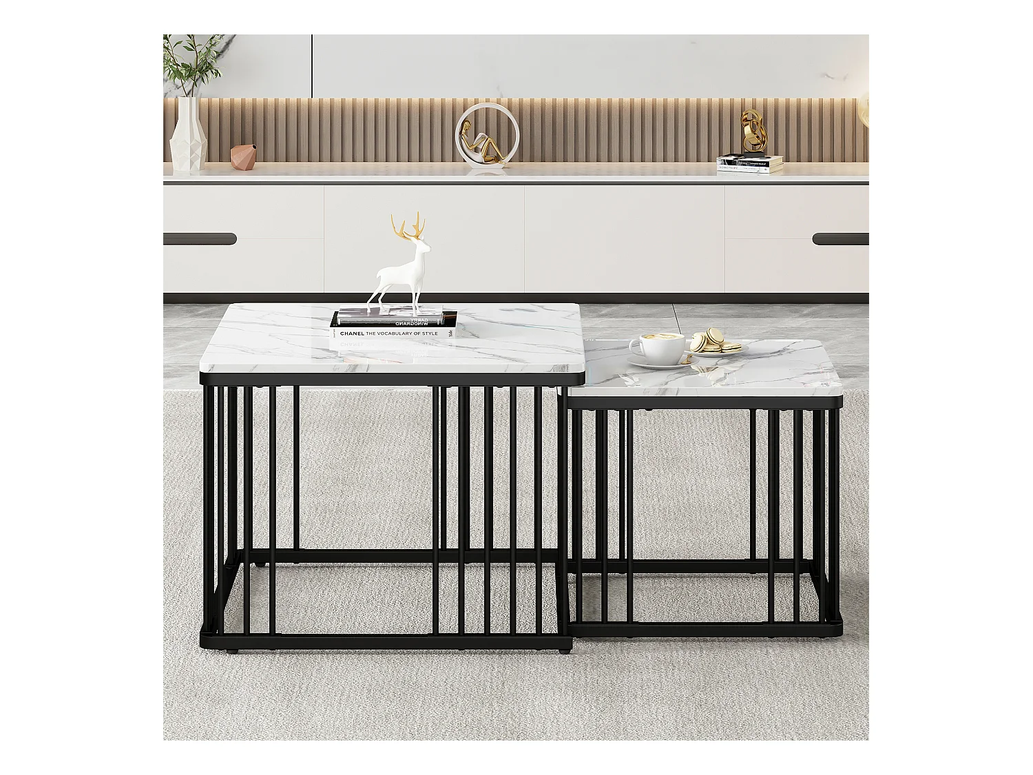 Set de 2 tables basses carrées, finition marbre brillant, pieds réglables, MDF, blanc (60x60x45cm & 45x45x40cm)