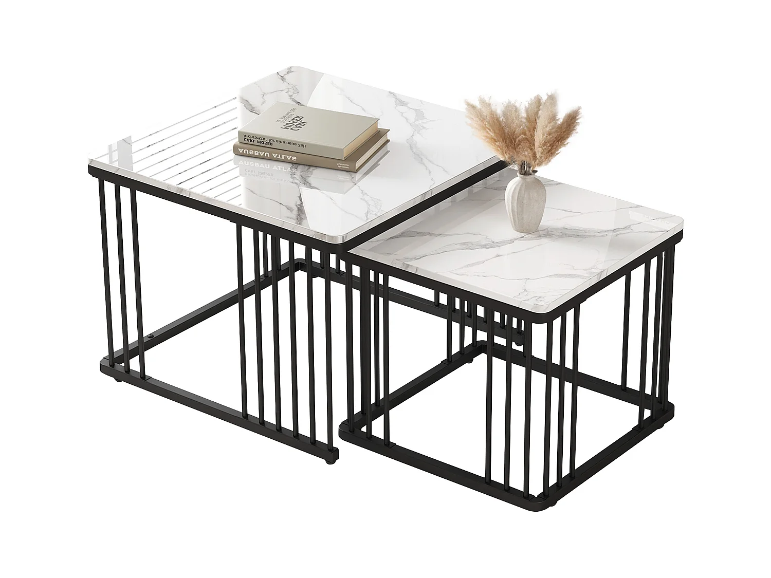 Set de 2 tables basses carrées, finition marbre brillant, pieds réglables, MDF, blanc (60x60x45cm & 45x45x40cm)