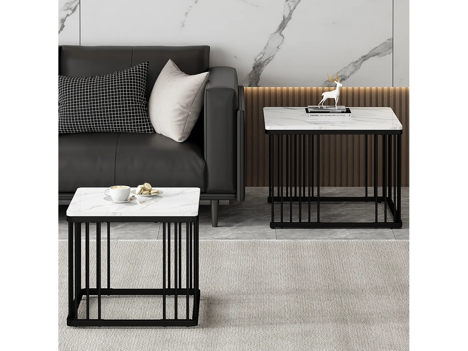 Set de 2 tables basses carrées, finition marbre brillant, pieds réglables, MDF, blanc (60x60x45cm & 45x45x40cm)