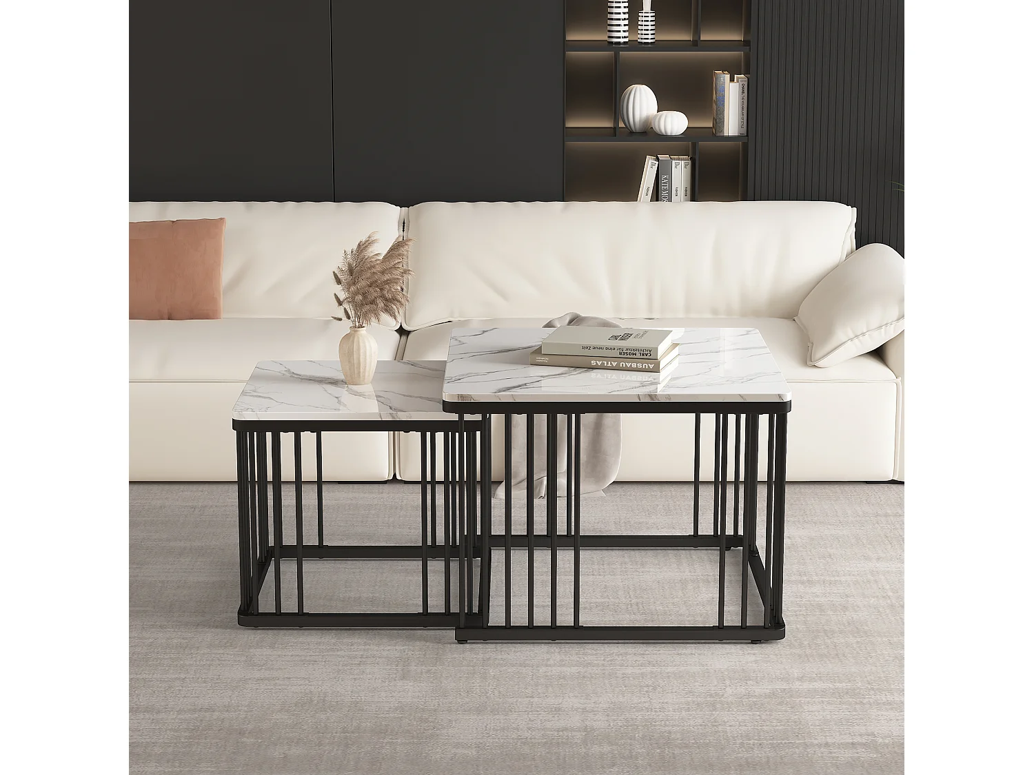 Set de 2 tables basses carrées, finition marbre brillant, pieds réglables, MDF, blanc (60x60x45cm & 45x45x40cm)