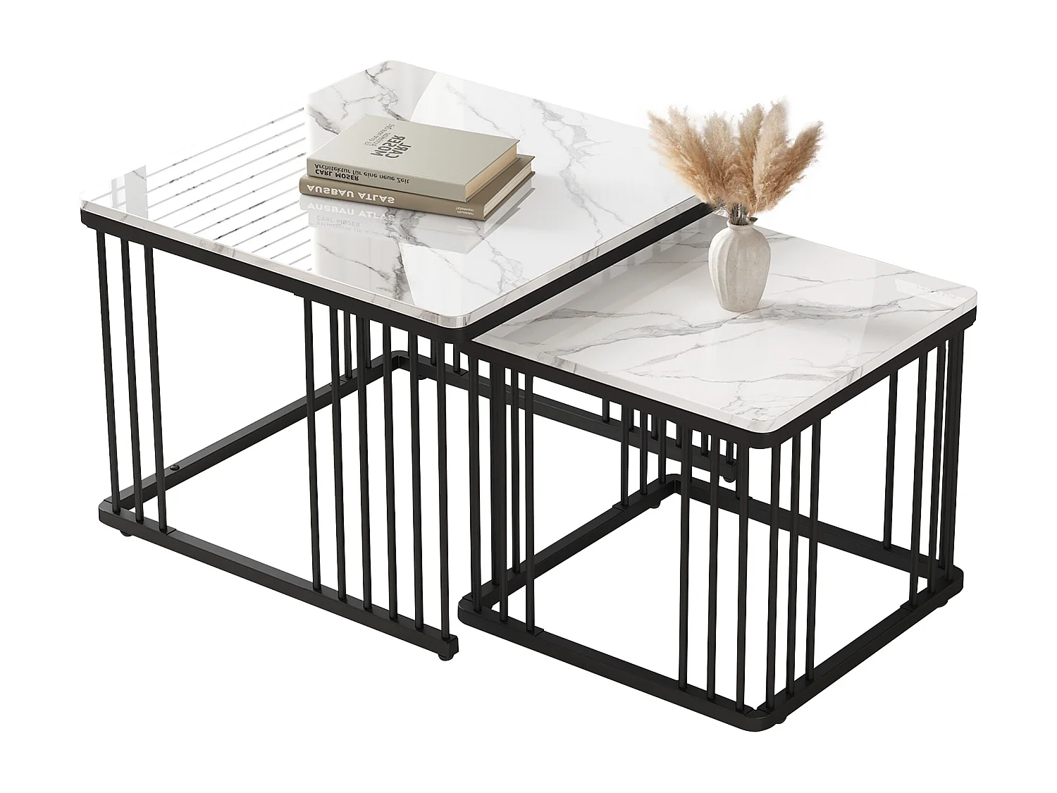 Set de 2 tables basses carrées, finition marbre brillant, pieds réglables, MDF, blanc (60x60x45cm & 45x45x40cm)