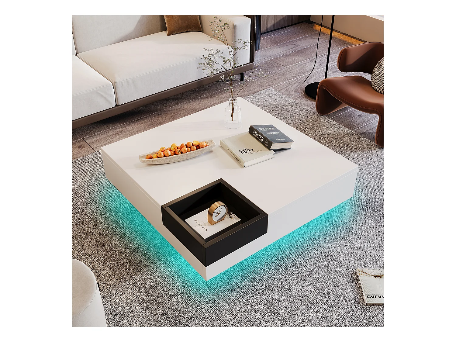 Salontafel met lades en uitneembare opbergdoos, colorblock design, MDF, wit en zwart, met LED-lichteffecten (72x72x30 cm)