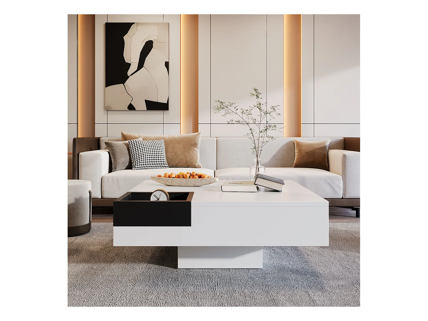 Salontafel met lades en uitneembare opbergdoos, colorblock design, MDF, wit en zwart, met LED-lichteffecten (72x72x30 cm)