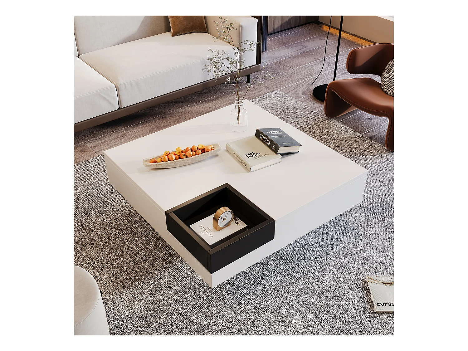 Salontafel met lades en uitneembare opbergdoos, colorblock design, MDF, wit en zwart, met LED-lichteffecten (72x72x30 cm)