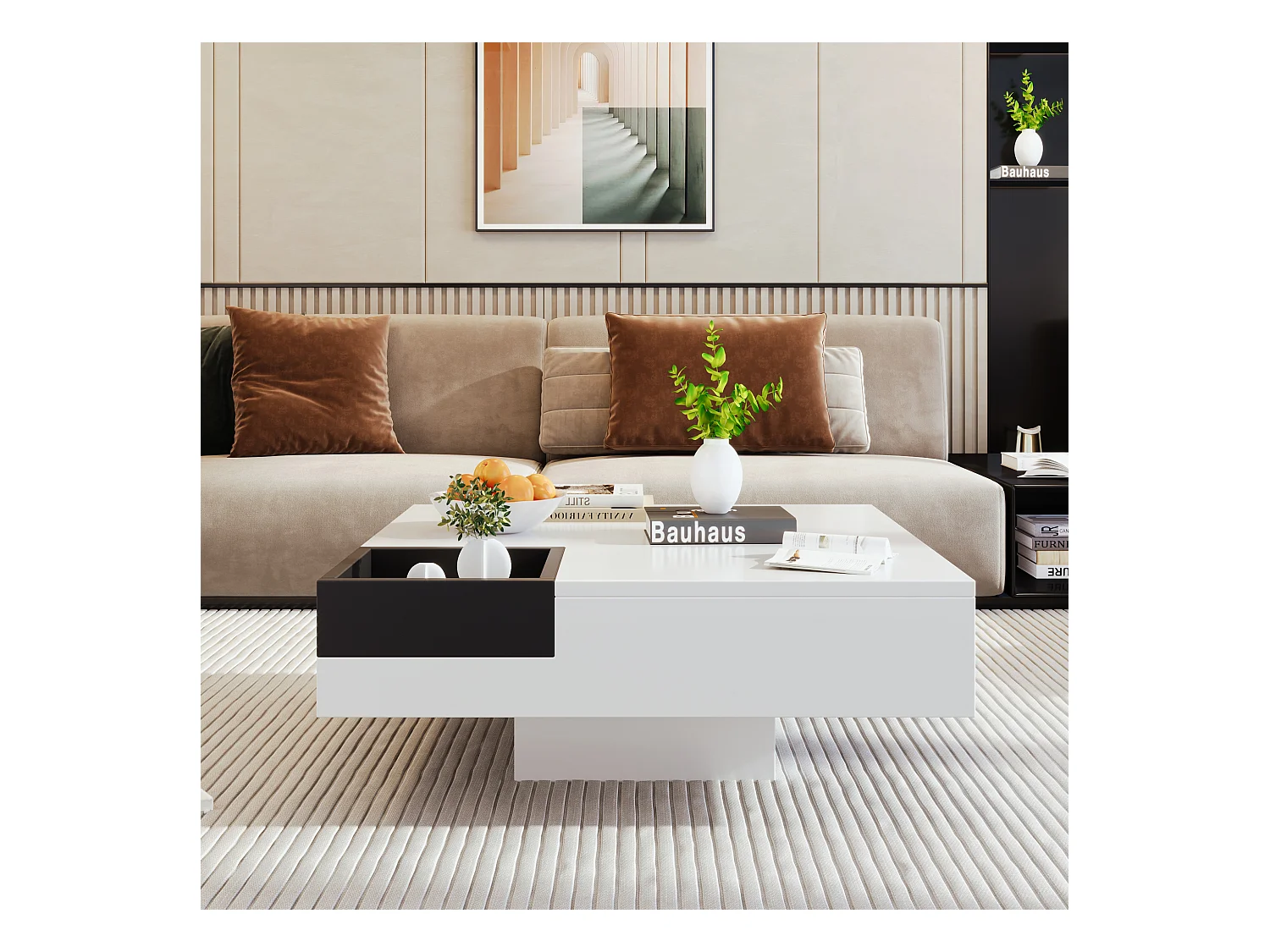 Salontafel met lades en uitneembare opbergdoos, colorblock design, MDF, wit en zwart, met LED-lichteffecten (72x72x30 cm)