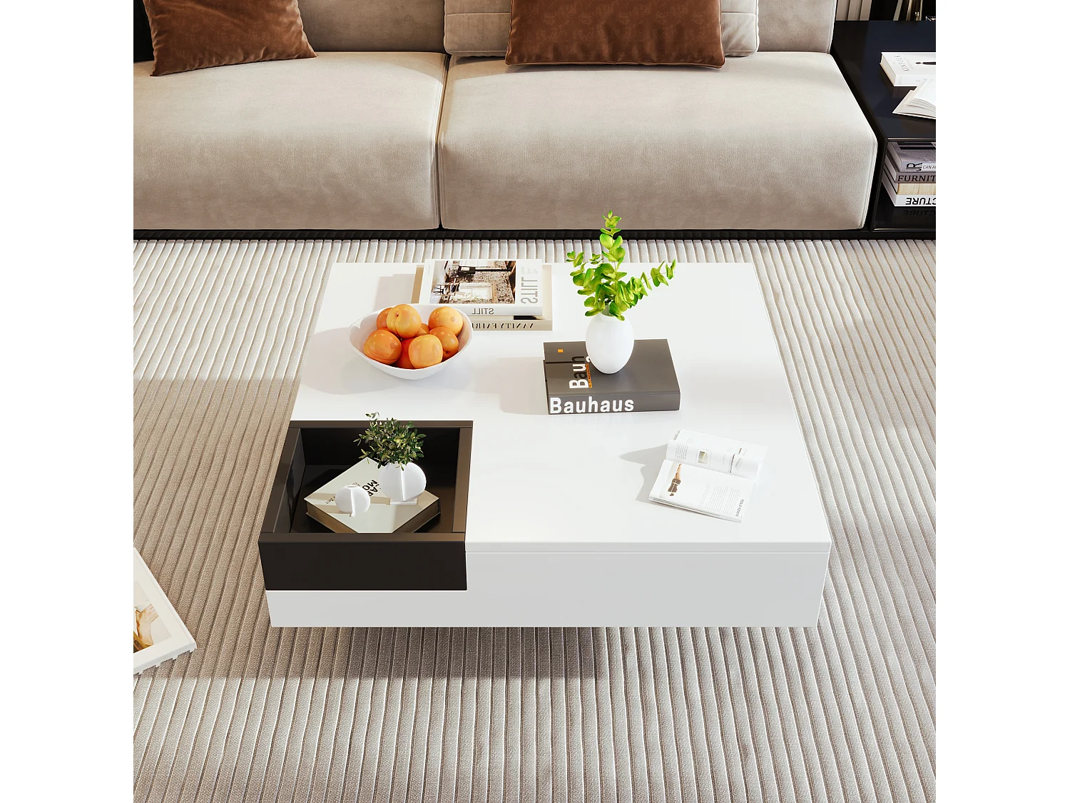 Tavolino con cassetti e contenitore estraibile, design color block, MDF, bianco e nero, con effetti di luce a LED (72x72x30 cm)