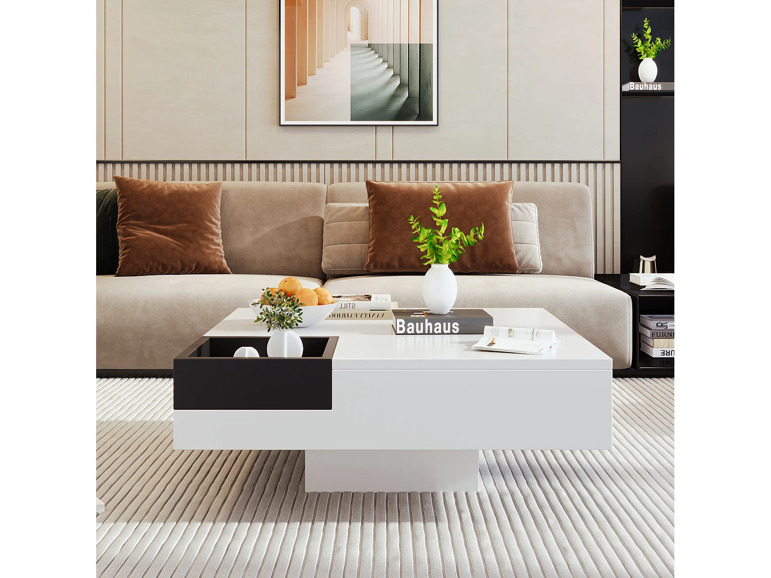 Tavolino con cassetti e contenitore estraibile, design color block, MDF, bianco e nero, con effetti di luce a LED (72x72x30 cm)