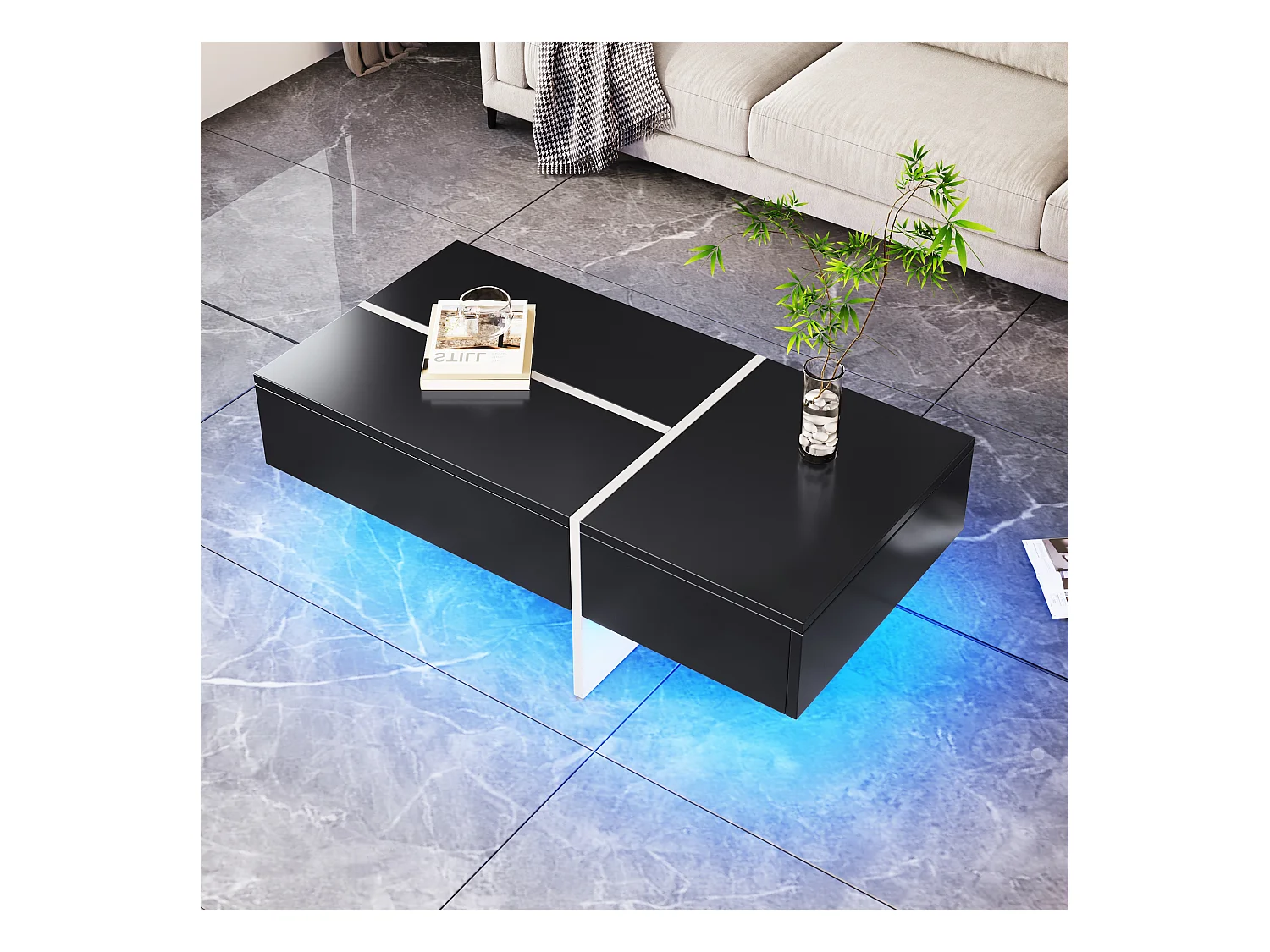 Table basse hautement brillante avec bande LED, structure colorblock noir et blanc, avec 4 tiroirs de rangement (100x50x34.5 cm)