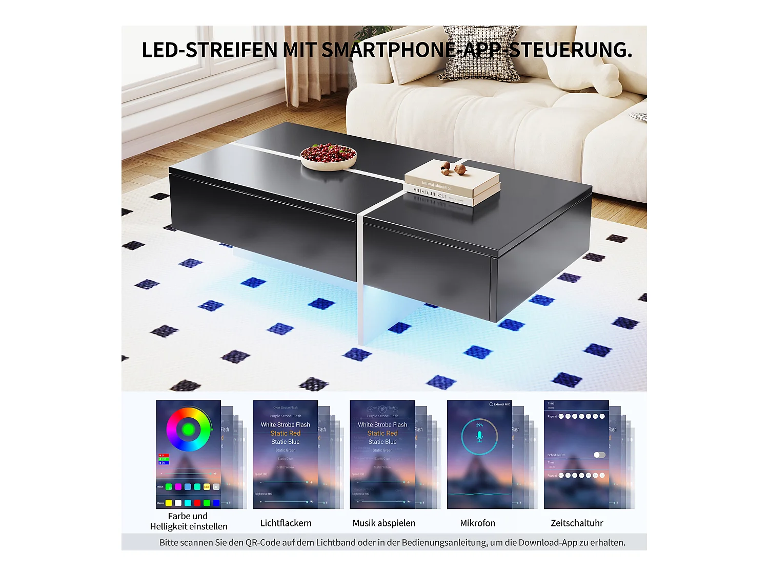 Table basse hautement brillante avec bande LED, structure colorblock noir et blanc, avec 4 tiroirs de rangement (100x50x34.5 cm)