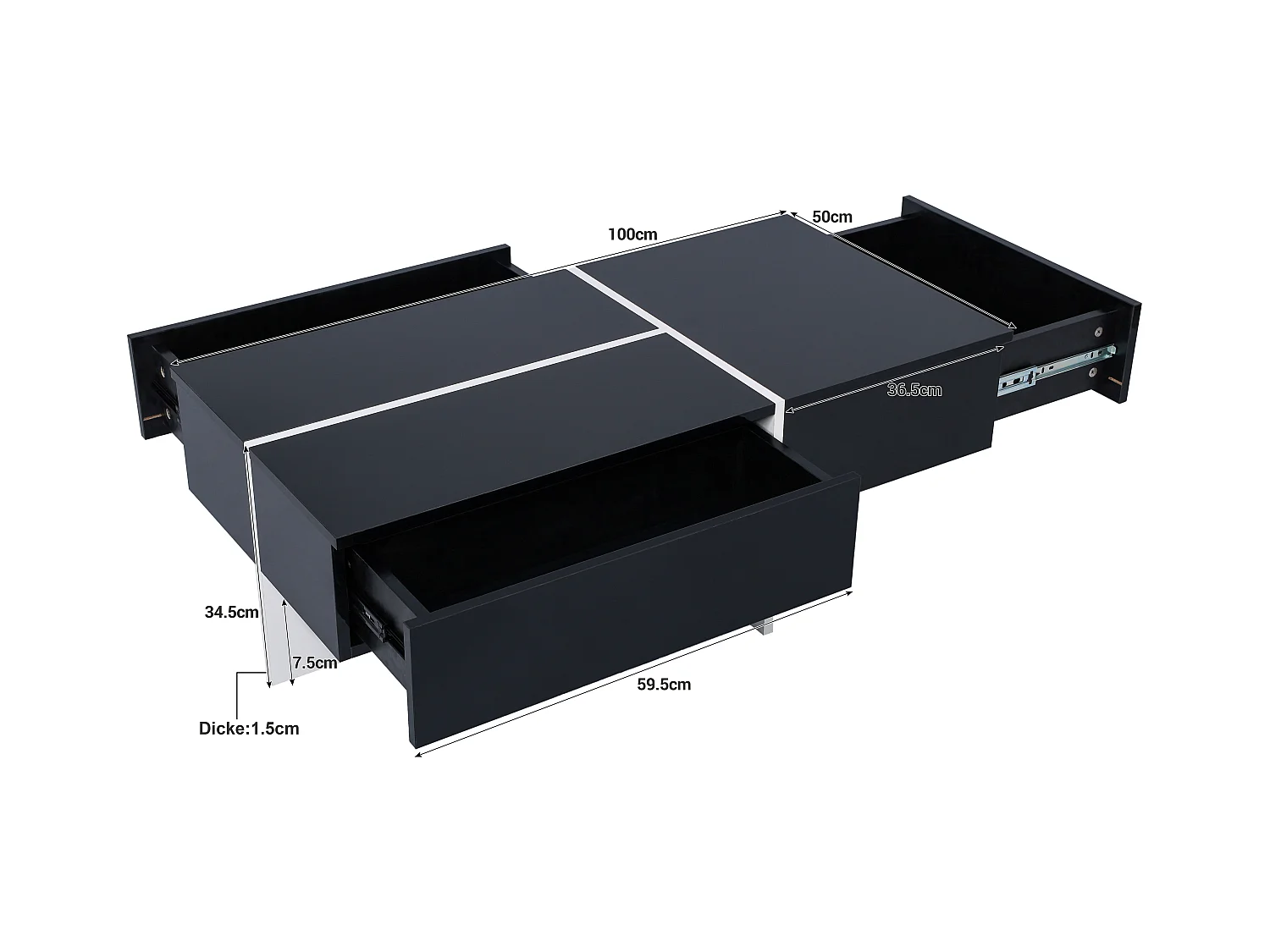 Table basse hautement brillante avec bande LED, structure colorblock noir et blanc, avec 4 tiroirs de rangement (100x50x34.5 cm)