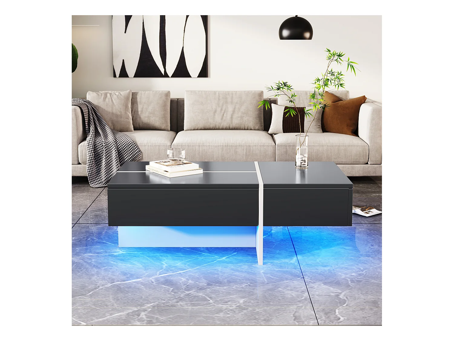 Table basse hautement brillante avec bande LED, structure colorblock noir et blanc, avec 4 tiroirs de rangement (100x50x34.5 cm)