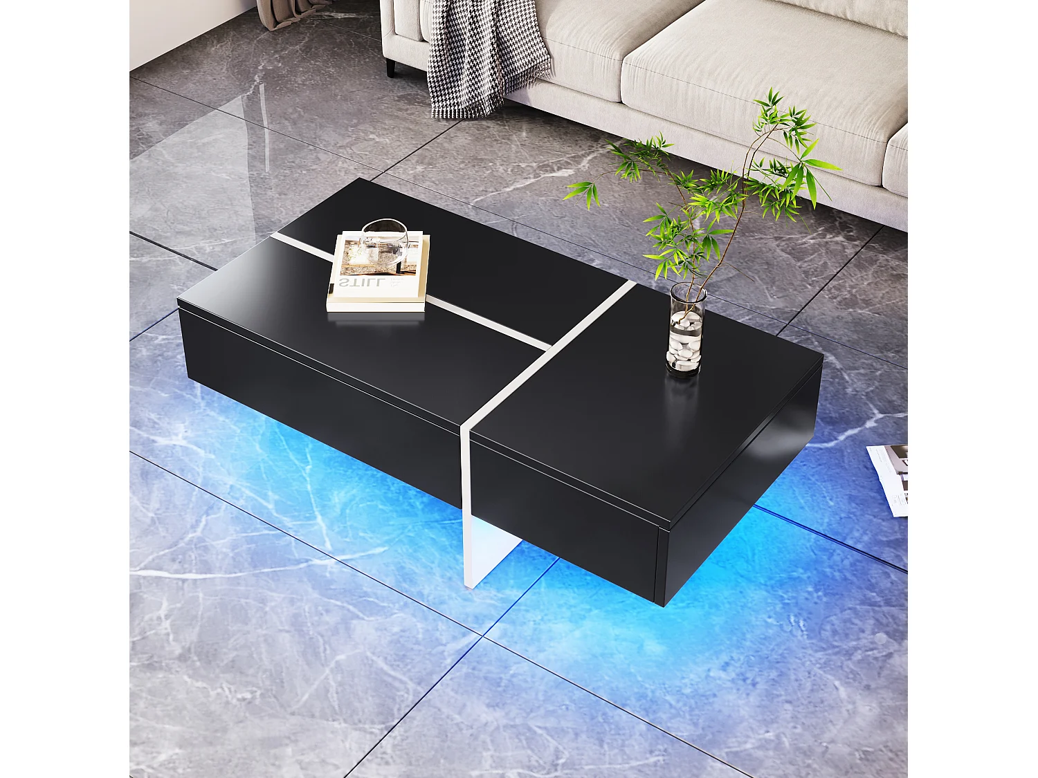 Table basse hautement brillante avec bande LED, structure colorblock noir et blanc, avec 4 tiroirs de rangement (100x50x34.5 cm)