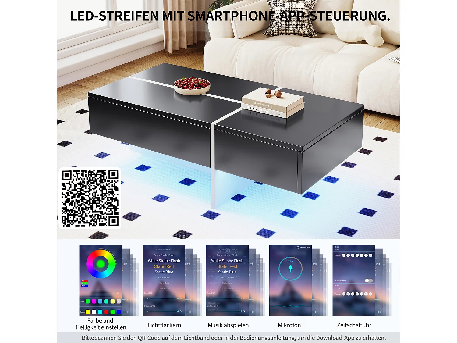 Table basse hautement brillante avec bande LED, structure colorblock noir et blanc, avec 4 tiroirs de rangement (100x50x34.5 cm)