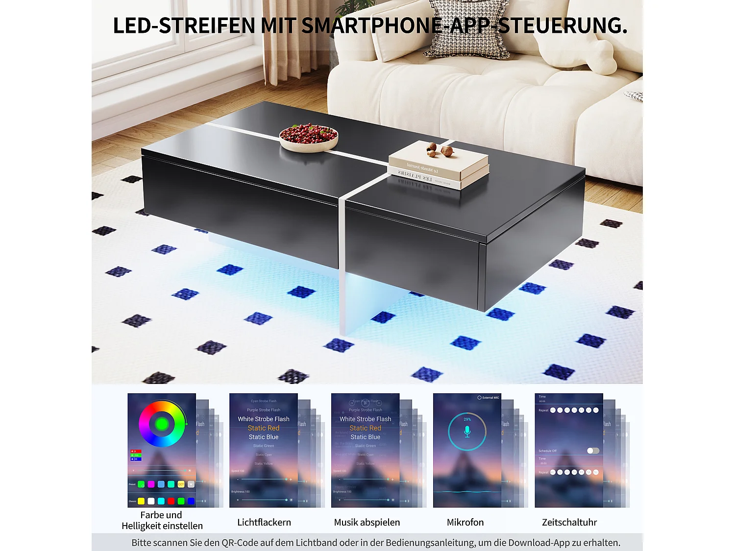 Table basse hautement brillante avec bande LED, structure colorblock noir et blanc, avec 4 tiroirs de rangement (100x50x34.5 cm)